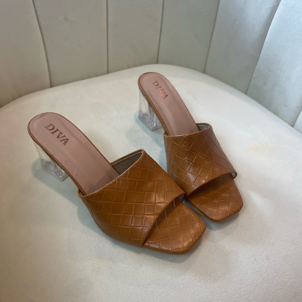 clear block heels with tan croc faux leather